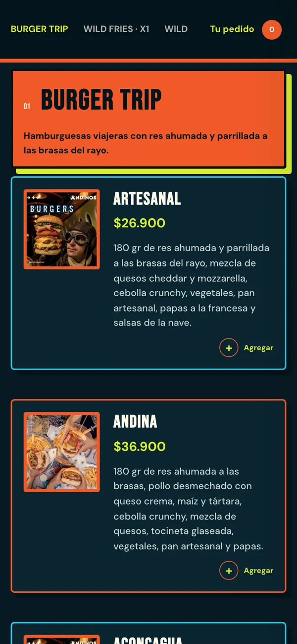 Carta de Andinos en un celular, con fotos, precios y botón para agregar