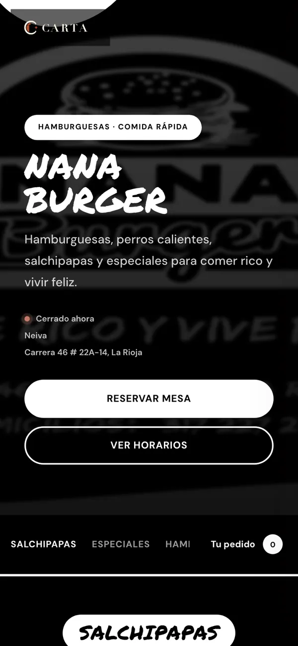 Carta de Nana Burger en un celular