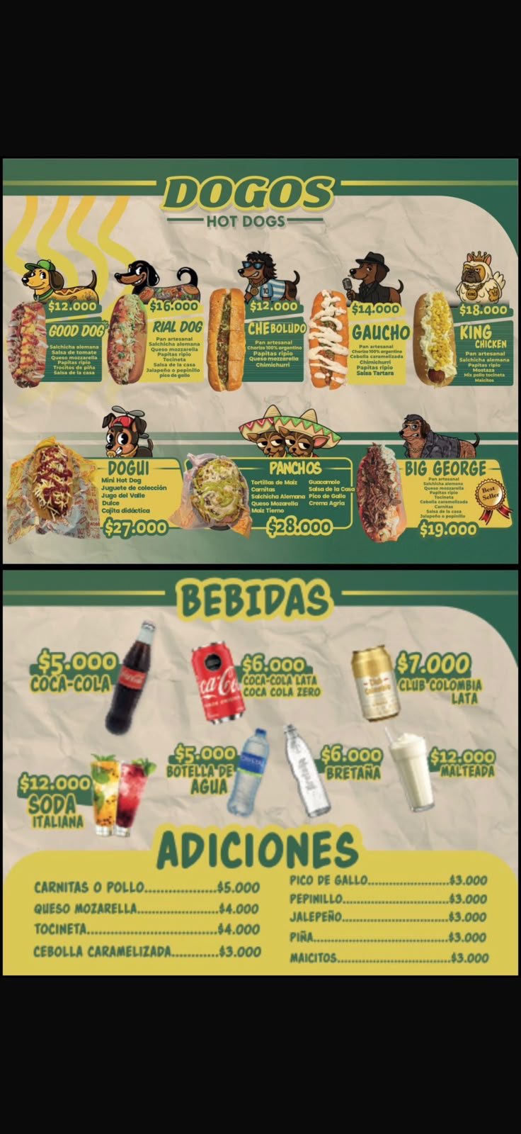 Carta original de Dogos Hot Dogs. Hot dogs, bebidas y adiciones, con fotografías, mascotas ilustradas, fondo de papel crema y títulos verdes y amarillos. Los ingredientes y precios también están disponibles en Ver productos y pedir.