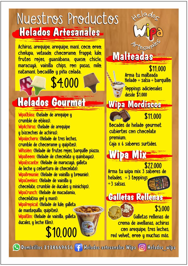 Carta de Helados Artesanales Wipa: helados artesanales $4.000, gourmet $10.000, malteadas y mordiscos $11.000, Wipa Mix $22.000 y galletas rellenas $5.000.